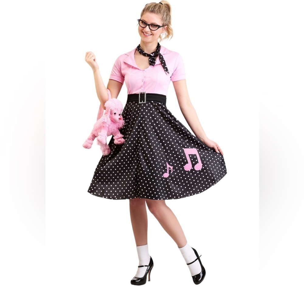NWT Halloween Costume Poodle Skirt Dress 1950s‎ Baby Pink Black Vintage Medium